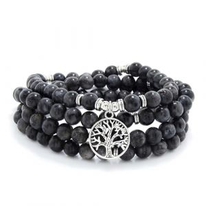 Collier de perles Mala de 8 mm, 108, bracelet de m&eacute;ditation avec breloque arbre de vie (Labradorite) (Self-Discovery Jewelry, neuf)