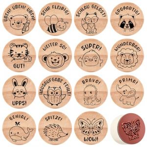 Faccito 15 Tampons Enseignant en Bois Timbre à Motif d'Animaux Timbre de Récompense Timbre en Caoutchouc Timbre de Louange Tampon Décoratif Cadeau pour Jour du Professeur (Ringterger, neuf)