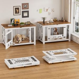 Meuble Cage pour Chien Int&eacute;rieur Pliable, Niche en Bois avec 2 Gamelles Pivotantes, Table d'Appoint Robuste pour Salon, Niche Robuste pour Chiens de Taille Moyenne et Grande,105 &times; 58 &times; 65,6 cm,Blanc (Elancer, neuf)