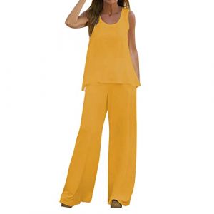Ensemble Femme Pantalon et Haut Fluide Ensemble Femme Chic et Elegant Ensembles Femmes Ete Couleur Unie 2 Pièces avec Gilet Top sans Manches + Pantalon Large Veste Tailleur Femmes Sport Casual (Sunliney, neuf)