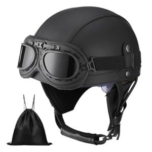 Uueybsg Casque de Moto Vintage Cuir Retro Casque Jet Casques Bols Demi Casque de Mobylette Cuir avec Lunettes Homologu&eacute; ECE Casque Scooter pour Adultes Homme et Femme avec Sac de Rangement (qoejeyon, neuf)