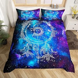 Ensemble de housse de couette Galaxy 140x200cm filles enfants adolescents soleil lune décor de chambre hippie bohème housse de couette mignon Boho univers étoilé ensemble de literie violet bleu (Bofanshangmao, neuf)