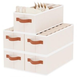 YheenLf Lot de 5 Bo&icirc;te de Rangement, Organisateur de Tiroir, Panier en Tissu Pliable avec Poign&eacute;e, Casier Vetement pour Organiser des &eacute;tag&egrave;res, des Placards, Beige, 38x15.5x13cm (YheenLf, neuf)