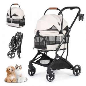 T3 Poussette pour animaux de compagnie 3 en 1 Chien Chat Poussette pour petits chiens moyens chats, Poussette pliable légère pour chiots Animaux de compagnie Gear Voyage Poussette pour chiens (Beige) (beberoaden, neuf)