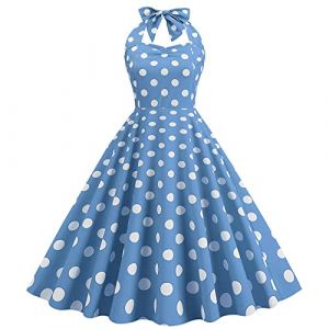Robe Année 60 Femme Sexy Col V sans Manche Retro Robe Style 1950's Audrey Hepburn Rockabilly Elegante Polka Dot Trapèze Vintage Robes Swing Robe De Bal Fête Cérémonie Mi Longue (Lieyxfaye, neuf)