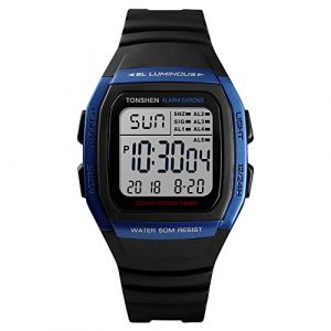 TONSHEN Montre Unisexe Outdoor Sport LED Double Temps Rectangle Plastique Caisse et Caoutchouc Ruban 50M Etanche Digitale Montres Bracelet Multifonctionnel Alarme Chronomètre (Bleu) (Tonshen-EU, neuf)