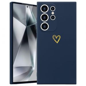 Wirvyuer Coque Compatible avec Samsung Galaxy S24 Ultra 5G Antichoc Coque Silicone avec Motif Coeur d'amour Dor&eacute; Mignon &Eacute;tui Protection Compl&egrave;te Souple pour Samsung Galaxy S24 Ultra 5G (Bleu fonc&eacute;) (meijiehua, neuf)