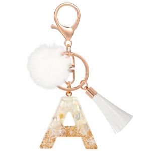 MWOOT Porte Clé Lettre Peluche Tassel, Initial Résine Or Blanc Keychain Personnalisé, Porte Clef Lettre A Pendentif Décoratif, Porte Clef Kawaii Voiture Charm, Idee Cadeau D'Anniversaire pour Femme(A) (vetpw, neuf)