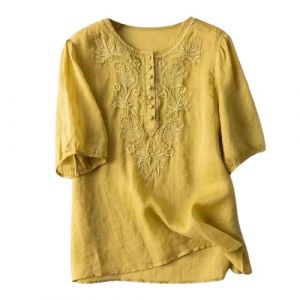 Chemisier Coton et Lin Manches Courtes pour Femme Blouses Ample Col Rond Tunique D'&eacute;t&eacute; Boh&egrave;me Folklore Vintage Broderie Top Hauts L&acirc;che Respirant T-Shirts Grande Taille Pas Cher Tunique Blouse Mode (GUnakd, neuf)