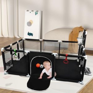 OHMG Parc Bébé,180 * 120cm,Modulable,Grand parc pour enfant en bas âge,Parc bebe pliable Parc pour bébé grande avec filet respirant et fermeture éclair,2 anneaux,Balles(Noir, B-180 * 120 * 66cm) (jusiZL, neuf)