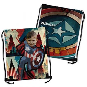 LolaPix Sac &agrave; Dos Personnalis&eacute;. Avec Photo e Prenom. Sac Tissu Cordon. Sac de Foot Sport/Piscine/Natation. Sac a Dos Enfant/Fille/Garcon. Cadeau Original. Capitaine Americain (LolaPix, neuf)