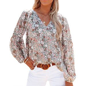 Chemise Fleurie Femme Blouse Col V Haut Femme Ete Chemisier Mousseline Femme Chic Chemise Manche Longue Fluide Ample Casual Large Femmes Blouse Tunique Manches Longues Été Femme Grande Taille XL (Pengniao, neuf)