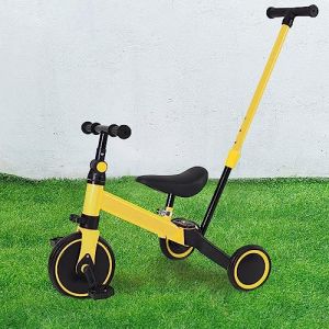 vélo d’équilibre pour Tout-Petits avec poignée de poussée Véhicule-3 en 1 Vélo Draisienne avec Pédale Cadeau pour Filles Garçons Léger- Canne Parentale-3-en-1 (Jaune) (Hechheu, neuf)