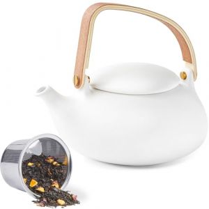 ZENS theiere avec infuseur,Th&eacute;i&egrave;re en japonaise pour le th&eacute; en vrac, 800ml Small c&eacute;ramique Th&eacute;i&egrave;re avec filtre en acier inoxydable 304 Blanc mat th&eacute;i&egrave;re Cadeau avec manche en bois moderne (ZENS LIFESTYLE EU, neuf)
