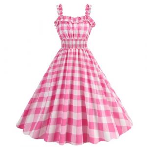 Robe Longue Vintage à Carreaux Vichy Rose, Bretelles Spaghetti, Robe trapèze rétro pour fête d'anniversaire, Devant froncé, Robes d'été pour Femmes (Anglekie, neuf)