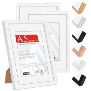 HIMEETIME&reg; 3x Cadre Photo Bois Blanc A5,Cadre avec Verre Acrylique Transparent DIN A5 15 x 21 cm,Avec passe-partout pour exposition de photos 10x15 cm,&Agrave; suspendre/&agrave; poser pour photos (XianghuaART, neuf)