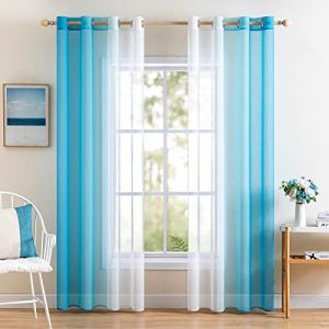 MIULEE Rideau Voilage Lot de 2 Rideaux Dégradé à Oeillet Voilages Intérieur Fenêtre en Polyester Couleur Changée Voile Transparent Décor pour Salon Chambre Bureau Blanc avec Bleu d'eau 140x145 CM (MIULEE HOME, neuf)