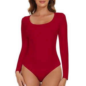 SHAPERIN Body à Manches Longues Femme Basique Col Rond Justaucorps Bodysuit Long Sleeve Round Neck Jumpsuit Tops Rouge 1# S (SHAPERIN DIRECT FR, neuf)