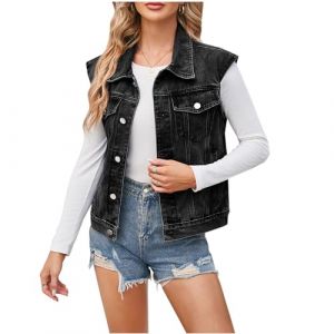 2024 Veste en Jean sans Manches pour Femme Veste en Jean sans Manche Femme Court Gilet en Jean Femme Denim avec Poches Veste sans Manche D&eacute;chir&eacute; Boutonn&eacute; Manteaux Boutons Gilet en Denim Lav&eacute; Femme (GMGMY, neuf)