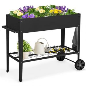 GOPLUS Jardini&egrave;re Sur&eacute;lev&eacute; sur roulettes avec &Eacute;tag&egrave;re et 2 Crochets pour Outils de Jardinage, Lit de Jardin en M&eacute;tal pour L&eacute;gume, Herbe, Carr&eacute; Potager Ext&eacute;rieur pour Jardin, Balcon (Noir) (Augenstern24, neuf)