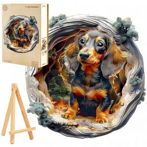 PASJO Puzzle en bois pour adultes 3D Puzzle Teckel 300 pi&egrave;ces Bo&icirc;te en bois Mini chevalet en bois Puzzle effet 3D Chien (PASJO, neuf)