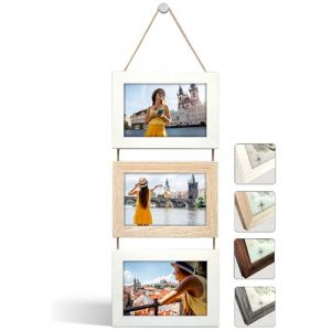 NEOWS Cadre Photo Multiple avec Corde pour Suspendre au Mur - Lot de Cadres Décoratifs pour Accrochage Mural Vertical - Porte Portrait Pele Mele - Photos 10x15 (Blanc et Chêne, 3 Photos Horizontal) (NEOWStore, neuf)