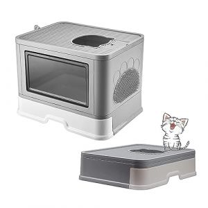 MINGYI Bac à Litière pour Chat Fermée, Grande Maison de Toilette Chat Pliable avec Couvercle, Tiroir à Litière avec Pelle, WC pour Chats, Jusqu'à 7 kg (Gris L 48,5×38×36,5 cm) (XUASHW, neuf)