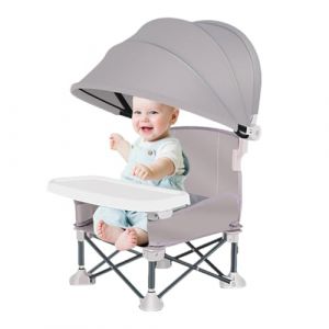 Chaise De Camping Pour B&eacute;B&eacute;, Rehausseur Chaise Enfant, Chaise Haute De Camping Pliante Pour B&eacute;B&eacute;, Chaise D'Appoint Pliante Portable Avec Plateau Amovible, Chaise De Voyage De Plage (Gris + Peng) (EagerMinds, neuf)