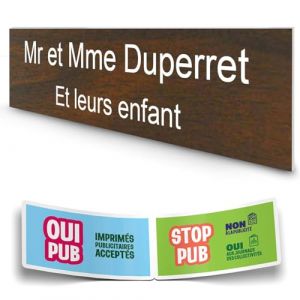DECOHO - Plaque Boite aux Lettres personnalisée adhésive 100x25mm - Effet Bois foncé - 2 Lignes Gravure Laser - Stickers Stop Pub offerts - Marron (DECOHO, neuf)