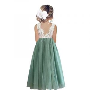 Odizli Robe de demoiselle d'honneur en dentelle, dos nu, ligne A, en tulle, robe de mariage, première communion, robe de soirée longue, Vert #A, 11-12 ans (Odizli store, neuf)