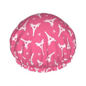 Bonnet de douche pour douche &ndash; Rose Tour Eiffel double couche r&eacute;utilisable et imperm&eacute;able Grand bonnet de douche pour femme avec doublure en PEVA et corde &eacute;lastique (Vosery, neuf)
