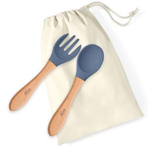 Couverts en silicone gravés prénom pour bébés (Bleu marine) (Amikado, neuf)