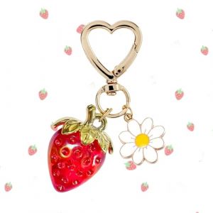 Aikeis Petit porte-clés simple avec fruits rouges frais, fraise, marguerites, pendentif de sac, chaîne en métal à suspendre, rouge (guangzhoudingxingmaoyi, neuf)