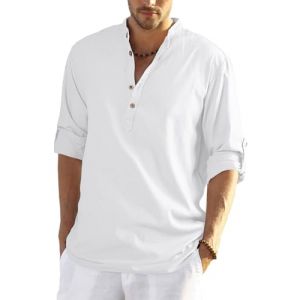 YAOHUOLE Manche Longue Chemise en Lin Col Mao Chemise De Plage Classique Henley Chemise Homme Col Mao Blanc XL (Yaohuole, neuf)