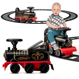 COSTWAY Train Porteur Electrique Enfants avec 16 Pi&egrave;ces de Rails, Voiture Porteur en Forme Lion avec Lumi&egrave;res & Sons, Bo&icirc;te de Rangement Cach&eacute; & 6 Roues, Charge 25kg pour Enfants de 3 Ans+ (FDS GmbH, neuf)