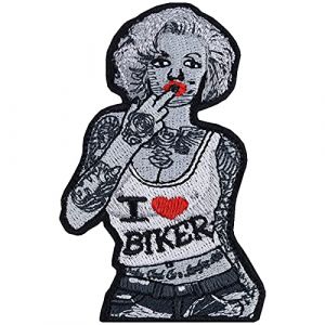 &Eacute;cusson Thermocollant Marilyn Monroe "J'adore les Bikers" Patch brod&eacute; - Patch doigt d'honneur Fuck Application - Patch Biker girl &agrave; repasser/coudre - 55x85mm (EXPRESS-STICKEREI, neuf)