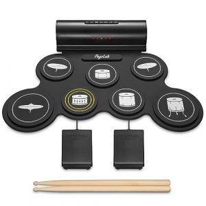 POGOLAB Batterie Electronique, 7 Roll up Drum Pad Batterie avec BT Connexion Prise Casque USB MIDI, Enceinte Intégré, Batterie Musique Cadeau avec Baguettes de Batterie/Pédales pour Débutants (Yu qiang, neuf)