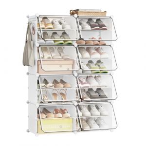 eSituro Meuble Chaussures à Cubes Empilables, Étagère de Rangement 2x8 Casiers Modulables DIY, avec Portes et Crochets, pour 16 Paires de Chaussures, en Panneaux PP, avec Maillet, Blanc (situDE, neuf)