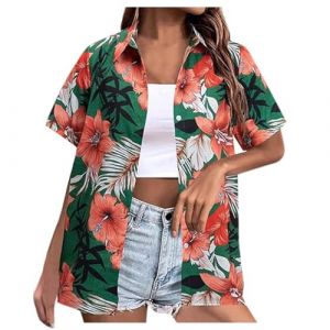 Chemise Hawaienne Femme, Shirt Boutonn&eacute; Tenue Hawaienne Femme Chemise Col &agrave; Revers D'&eacute;t&eacute; &agrave; Manches Courtes Blouse Imprim&eacute; Fleuri Cardigan &agrave; Boutons D&eacute;contract&eacute;es Vacances Tops de Plage Chemisier (DoraHe, neuf)