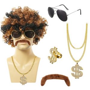 Lot de 3 perruques pour homme années 70 Disco Dude Dirt Bag Perruque Collier & Moustache Courte Bouclée Afro Shaggy Perruque Blond Mix Noir (YUXINGLUCK, neuf)