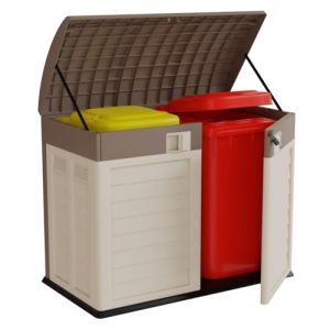 INTEC - Cache Poubelle Ext&eacute;rieur XL 1500L &ndash; Abri de Jardin Rangement Outils, Coffre Polypropyl&egrave;ne Recycl&eacute; Beige & Taupe &ndash; Meuble R&eacute;sistant Anti-UV & sans Entretien (Univers Du Pro, neuf)