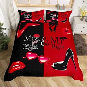 Mr Mrs Parure de Lit 220x240cm Couple Romantique Mariage Th&egrave;me Housse de Couette Noir Rouge Cr&eacute;atif Dr&ocirc;le Citation Parure Housse de Couette Sexy L&egrave;vre Rouge Moustache Romance Chambre D&eacute;cor 3 pi&egrave;ces (Bofanshangmao, neuf)