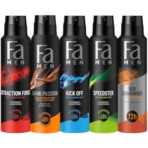Fa Lot de 5 déodorants anti-transpirants pour homme - Parfum bois de cèdre rouge - Déodorant et spray corporel Dark Passion & Attraction Force & Kick Off & Speedster - 5 x 150 ml - Pack d'essai (TopDeal 24, neuf)