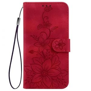 ILING Flip Coque pour Honor X5c Plus, &Eacute;tui Portefeuille Magn&eacute;tique Pliable en Cuir PU Embossed Fleur avec Housse de Protection avec Cr&eacute;dit et Support, Rouge (Wanten, neuf)