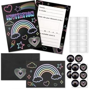 12×Carte Invitation Anniversaire Fille, Invitation Créative à Gratter avec Enveloppes, Carte a Gratter et Autocollants, Carte Anniversaire Arc en Ciel, Carte Invitation Anniversaire Thème Néon (MEIQIONGSHAO LIMITED, neuf)