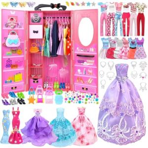Vêtements et Accessoires avec Armoire pour Poupées 11,5 Pouces Fille Kit de Design de Mode pour Poupées avec Robe de Mariage Ensemble Tenues Hauts et Pantalons Chaussures et Sacs Cadeau pour Fille (VLUSSOT, neuf)
