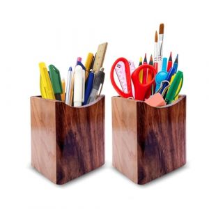 SHOPUKASA Lot de 2 porte-crayons en bois naturel multi-usages - Pot à crayons - Boîte de rangement de bureau (2 lots de deux motifs de base) (UKASA, neuf)