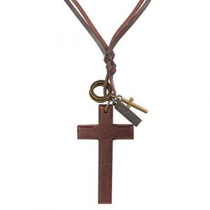 JewelryWe Collier en Cuir avec Pendentif en Forme de Croix en Bois pour Homme et Femme Réglable (Brun) (JewelryWe Bijoux, neuf)