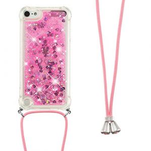 Collier Coque pour iPod Touch 5 / iPod Touch 6/7,Glitter Paillette Brillante Quicksands Liquide Transparente Silicone TPU Case Housse avec Cordon Collier Tour de Cou pour iPod Touch 5,GS Pink Heart (LEMAXELERS, neuf)