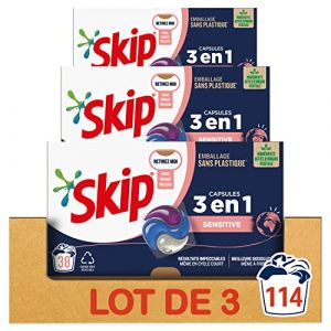 Skip Lessive en Tablettes / Capsules 3 en 1 Sensitive - Lot de 3x38 Pastilles (114 Lavages) (shop shara  discount, neuf)